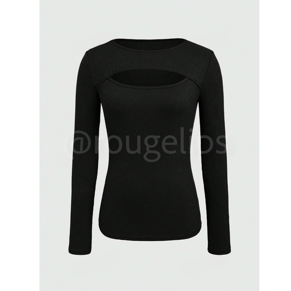 Black Rib-Knit Cutout Long Sleeve Fitted Tee Shirt Top - Picture 2 of 9